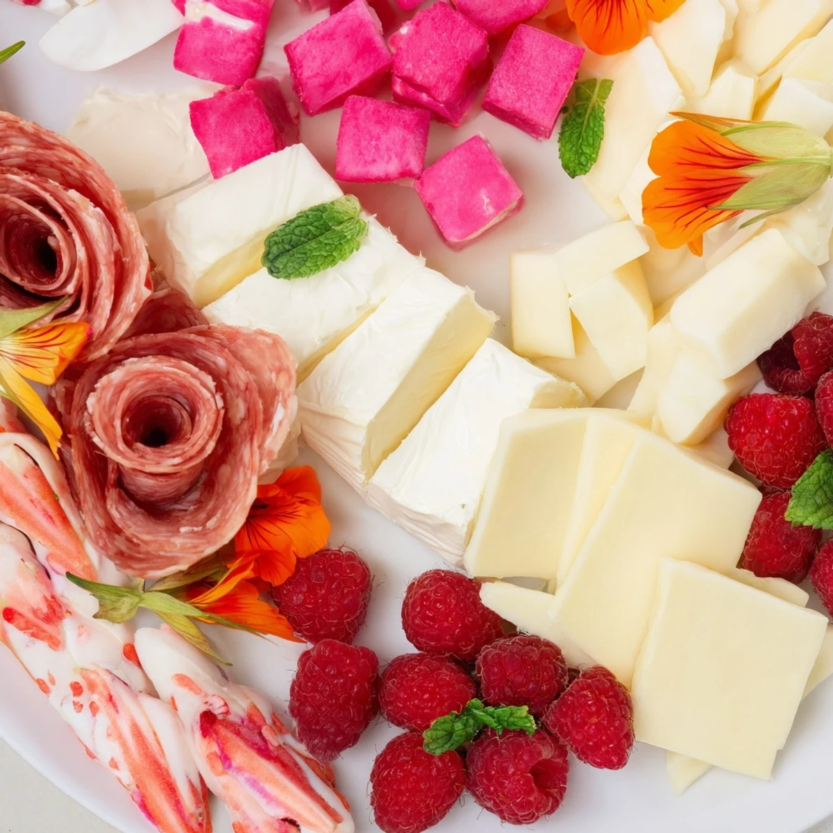 Vibrant Flamingo Paradise Board with stacked crackers and prosciutto, ideal for easy summer entertaining.