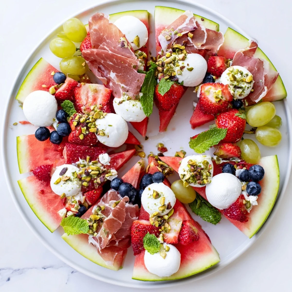 Refreshing watermelon slice charcuterie, a colorful platter showcasing juicy melon with cheeses and berries.