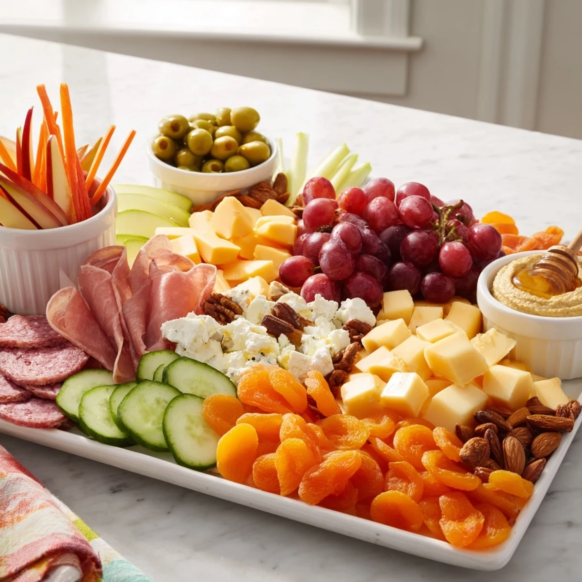 A beautifully arranged picnic basket snack board with cheese, fruit, and crackers ready to enjoy.