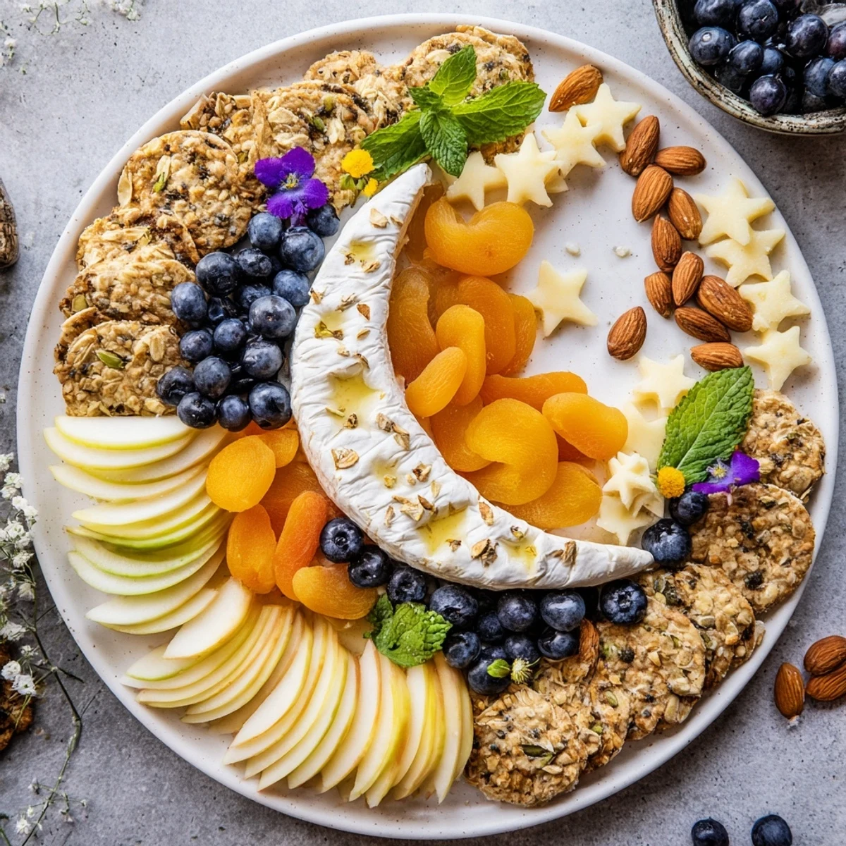 A beautifully arranged Crescent Moon Midnight Snack Board overflowing with creamy cheeses and fresh fruit.