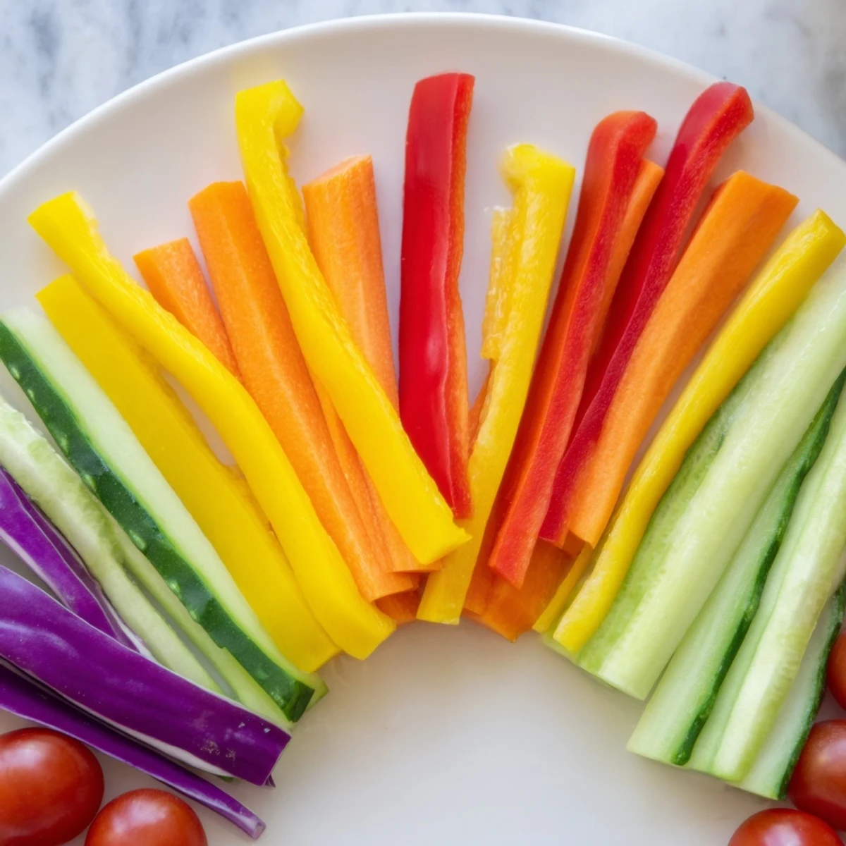 Bright rainbow arch veggie sticks platter offering a vivid assortment of fresh, crunchy, colorful vegetables ready to eat.