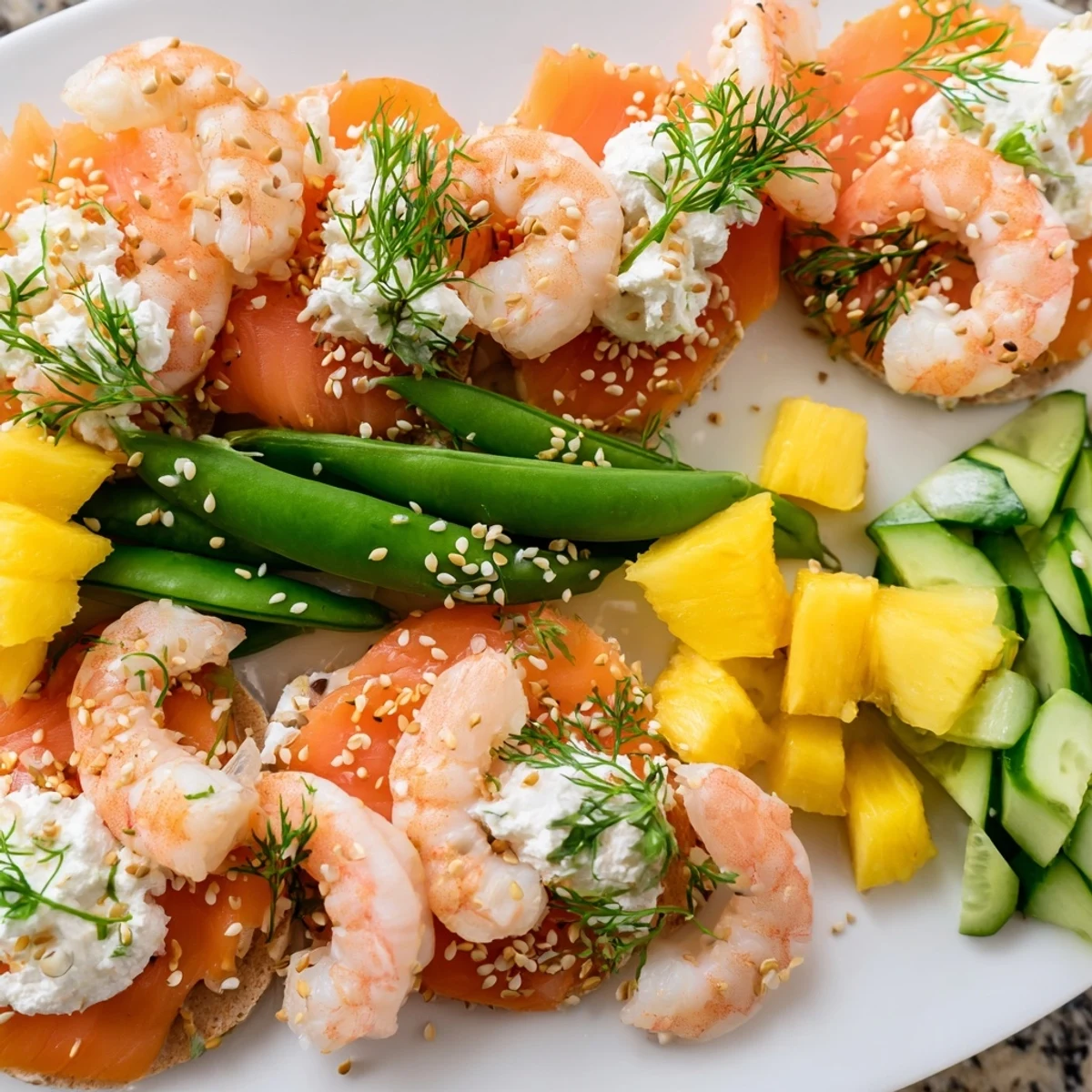 Enjoy a coastal feast: Smoked salmon, shrimp, and tropical fruits on this snack board.