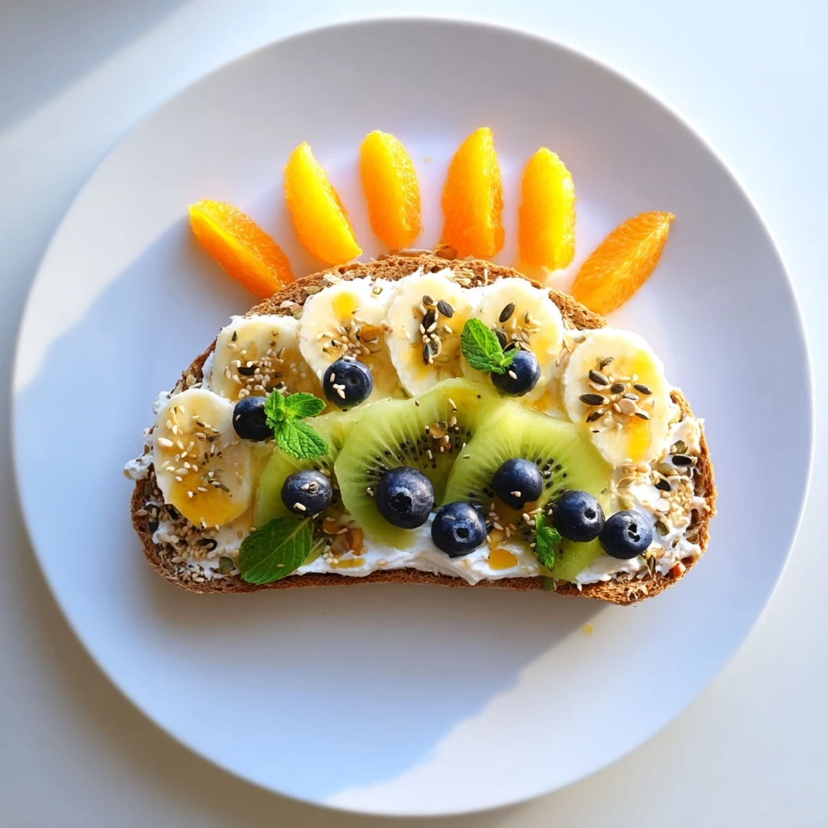 Bright and colorful morning sun breakfast toast designs bursting with fresh fruit and creamy spreads, ready to eat!
