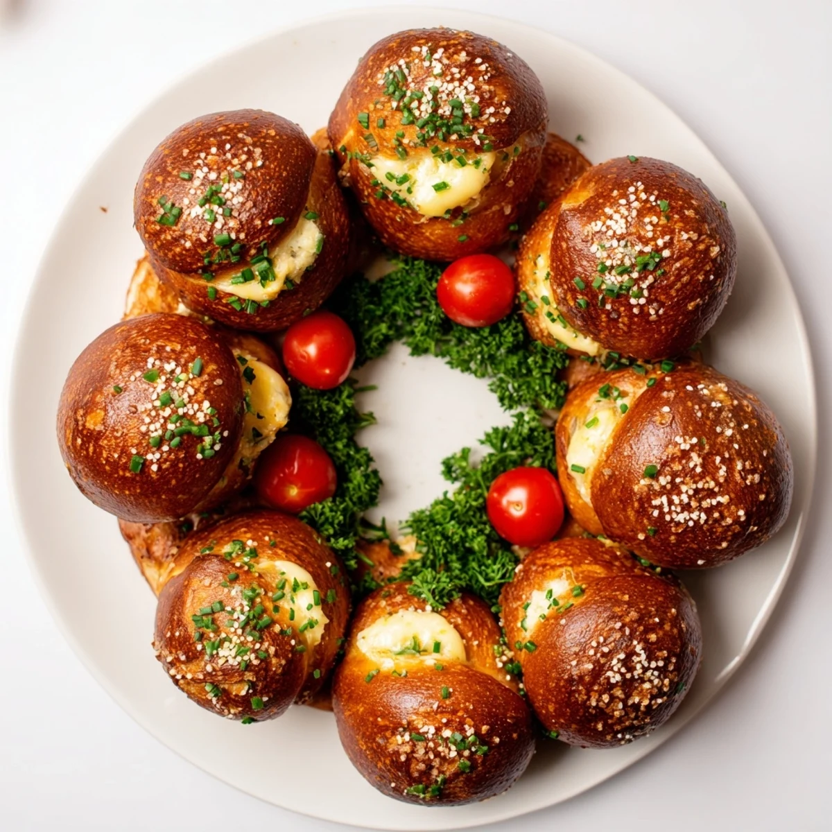 Golden brown Pretzel Joy Wreath, a pull-apart appetizer with bubbly cheese filling, ready to serve warm.