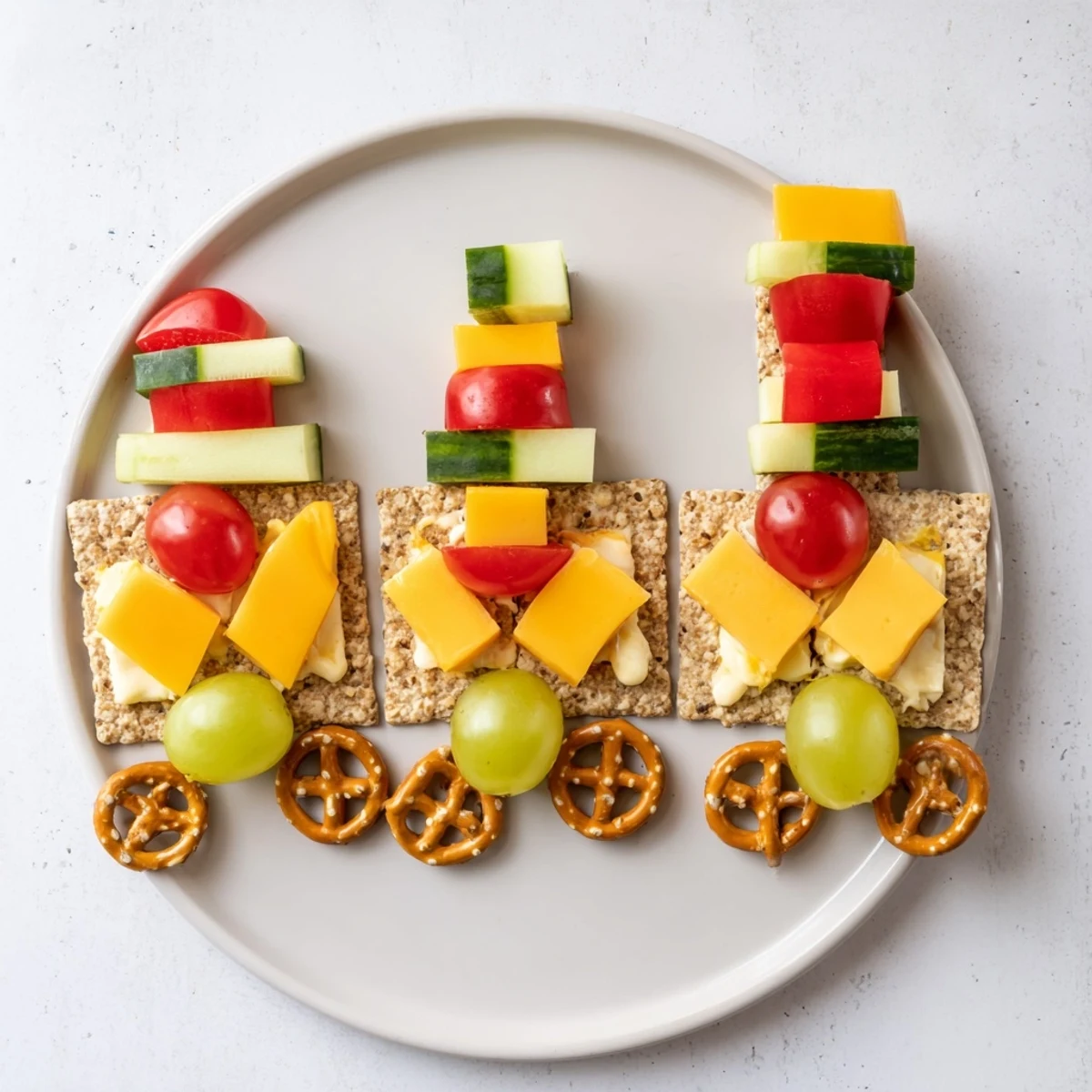 This beautiful Choo Choo Train Snack Track features a creative arrangement of cracker train cars and fresh produce.