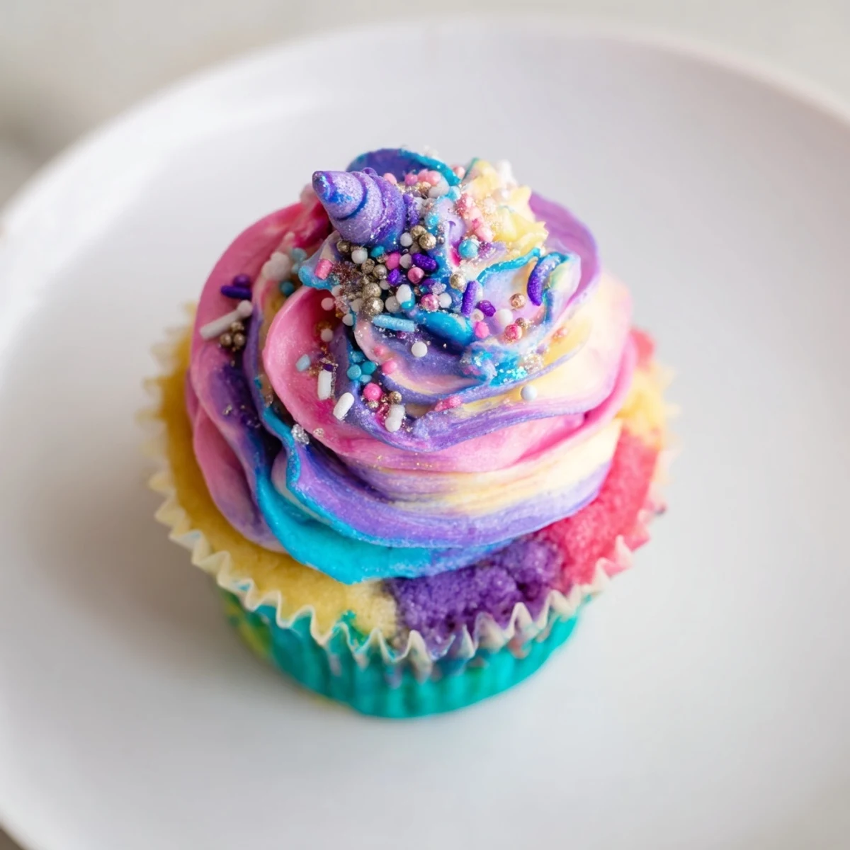 Indulge the senses in this vibrant photo of the Magical Unicorn Dessert Table's sugar cookies and cupcakes.