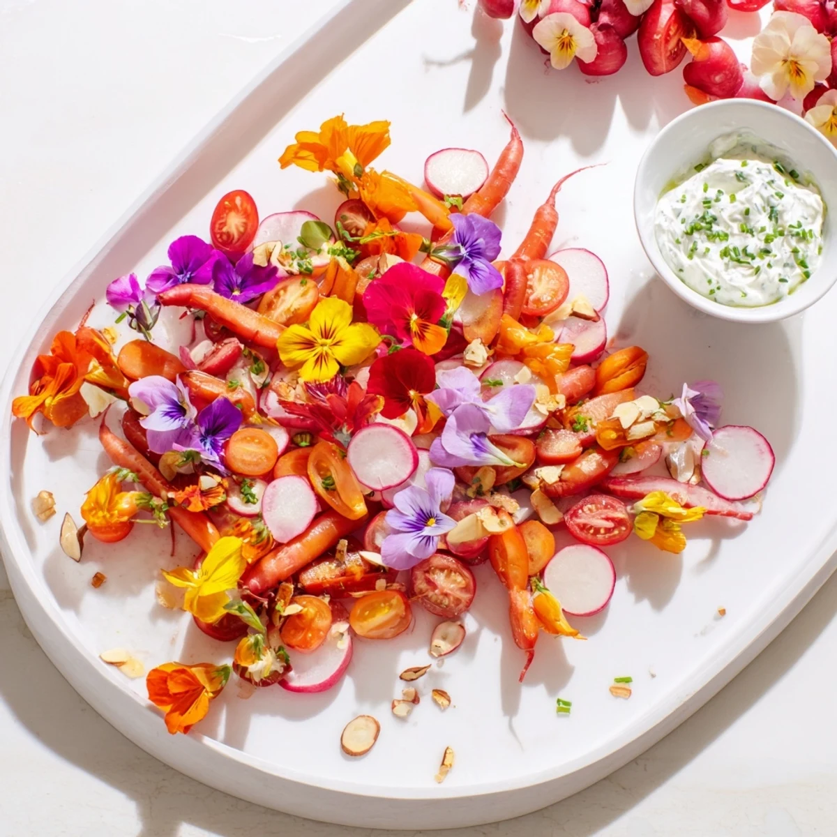 Vibrant Fairy Garden Platter with edible flowers, crunchy veggies, and creamy dips, ready to enjoy.