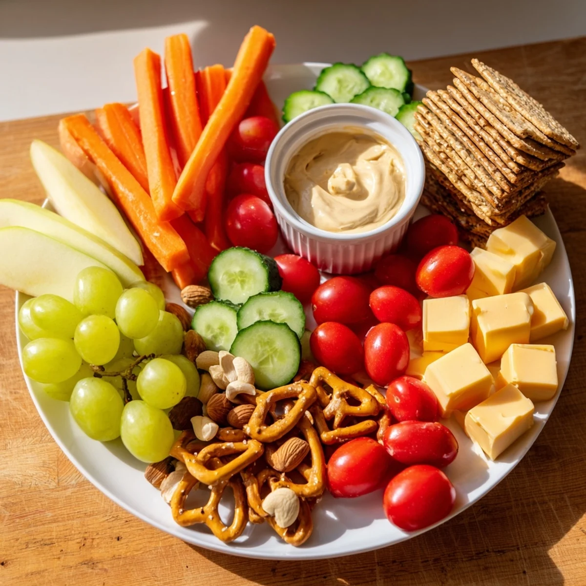 Vibrant Road Trip Snack Platter showcasing cheese cubes, pretzels, and fresh veggies, perfect for easy snacking.