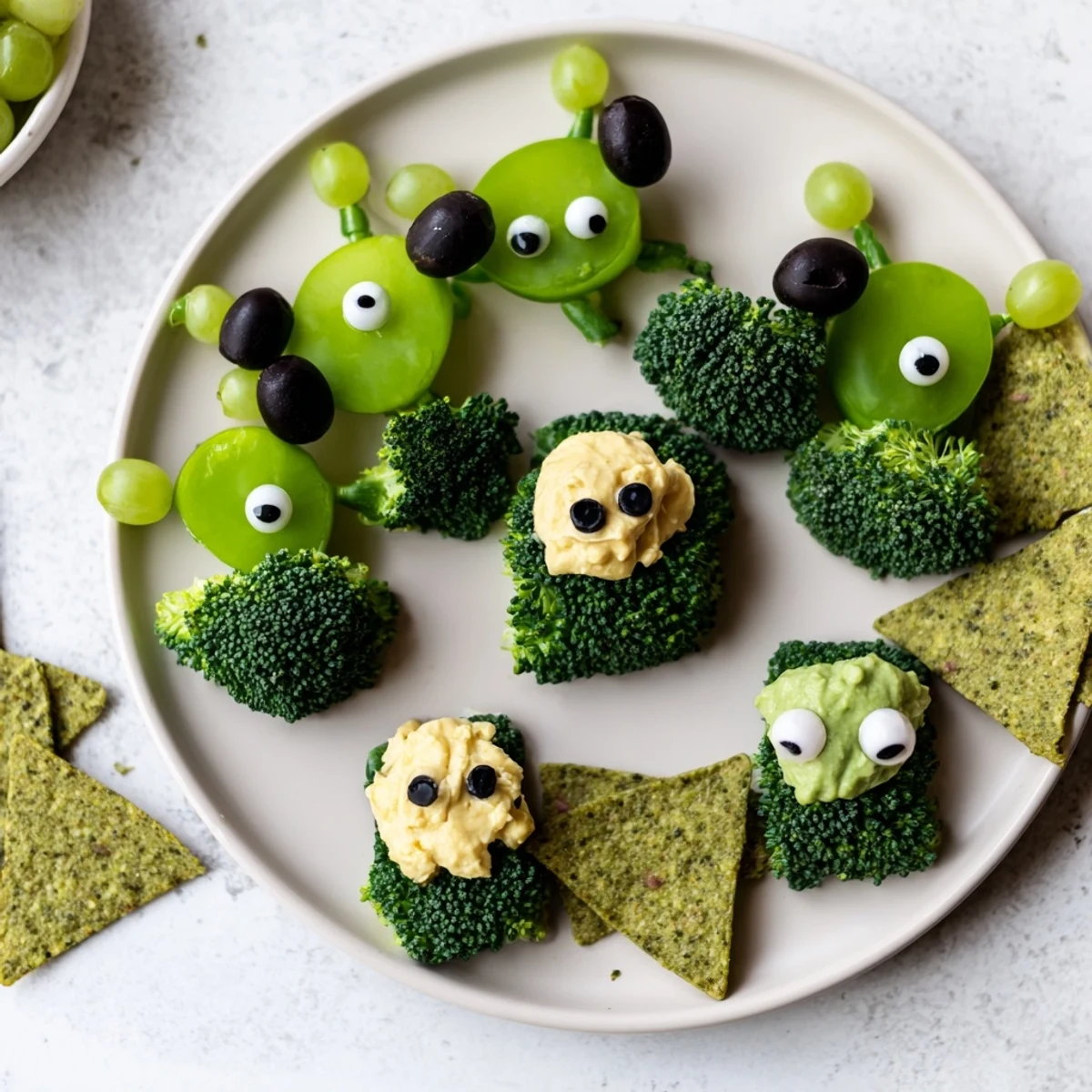 Whimsical Attaque d'Extraterrestres Snacks Verts: fresh vegetables and dips transformed into fun alien faces for kids.
