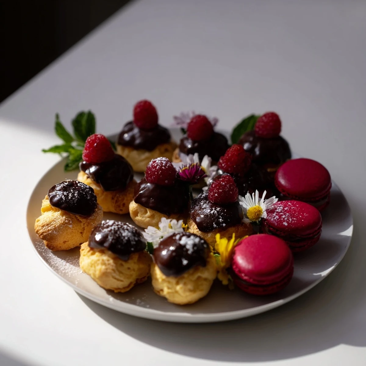 This gorgeous Montgolfière dessert presentation showcases colorful macarons, tarts and puffs for an elegant dessert course.