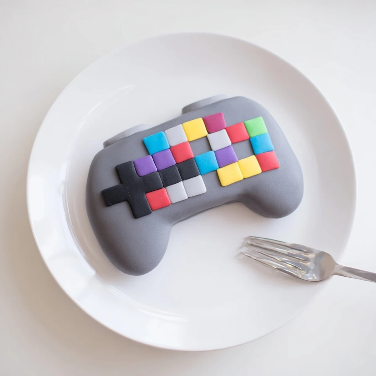 Imagine a vibrant, sculpted Pixel Video Game Controller Cake, ready to serve slices of vanilla cake at your next event.