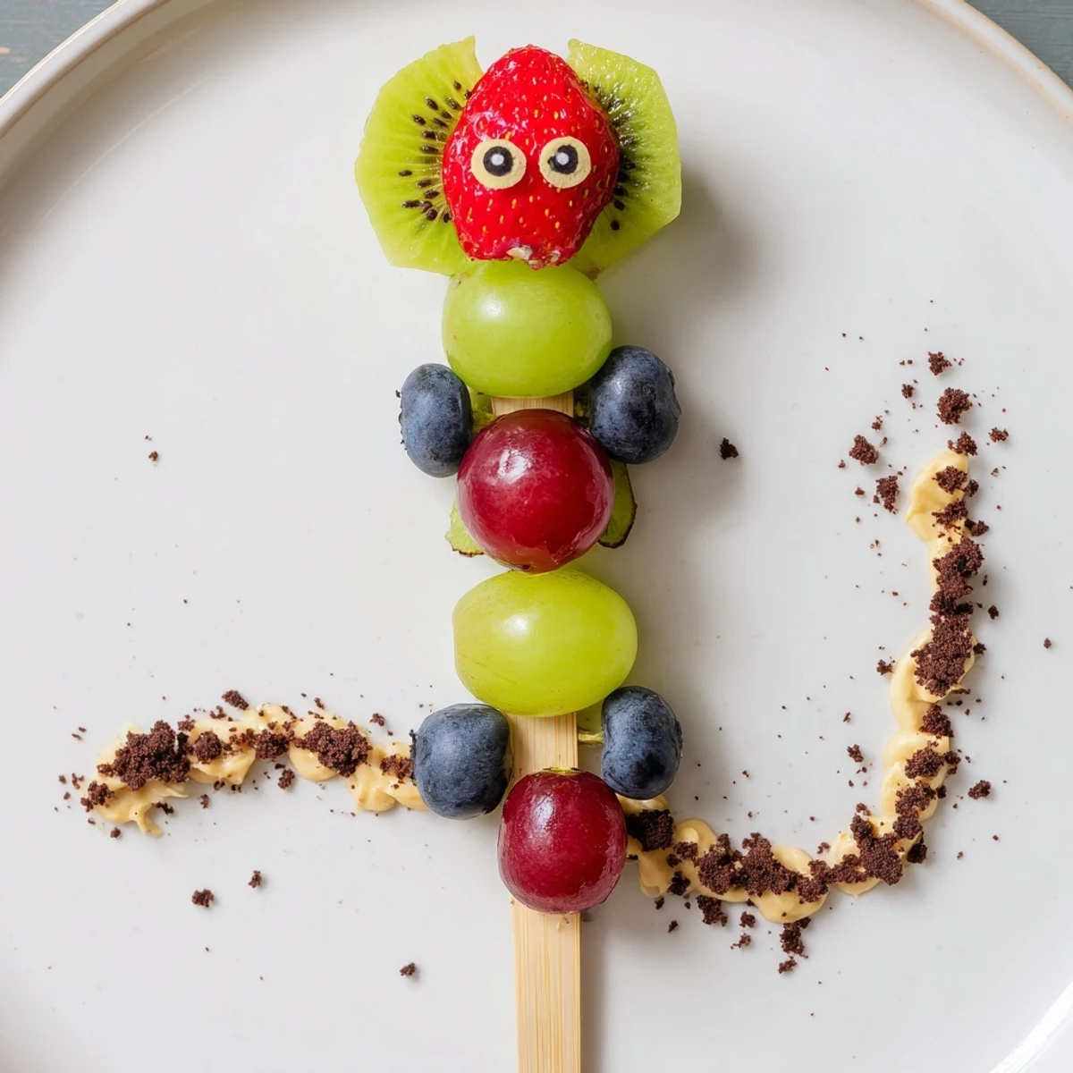 Vibrant Caterpillar Fruit Skewer Track with colorful fruit on a chocolate cookie crumb pathway for fun snacking.