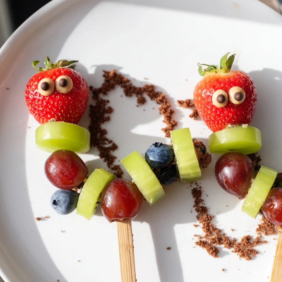 Freshly made Caterpillar Fruit Skewer Track displays a bright array of fruit, ready to be enjoyed!