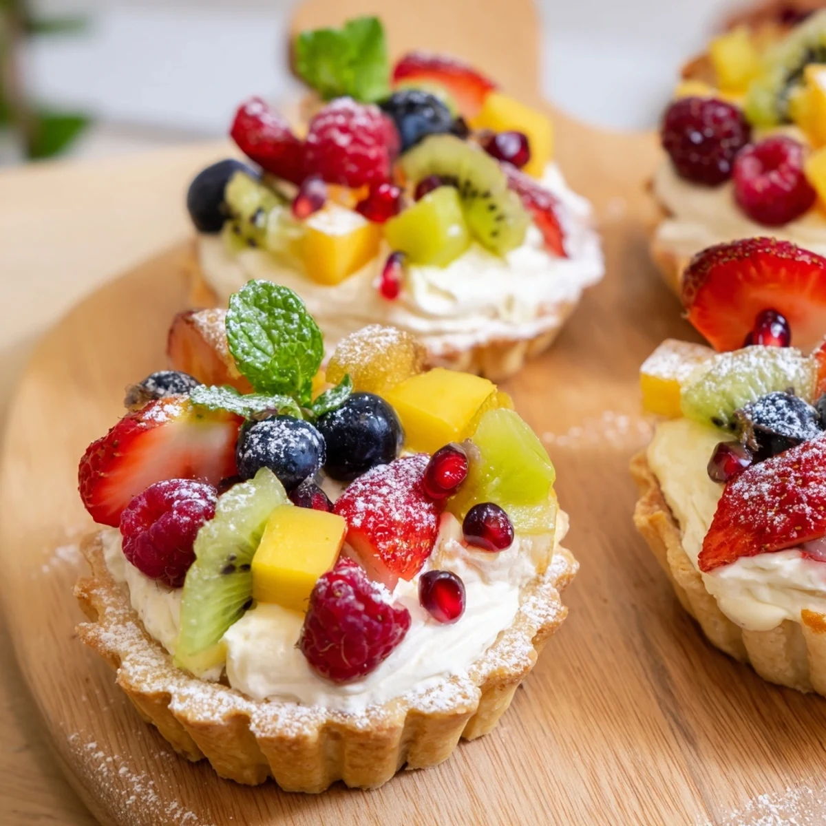 Heart Shaped Fruit Tart Board displaying a beautiful array of fresh fruit atop creamy tartlets.