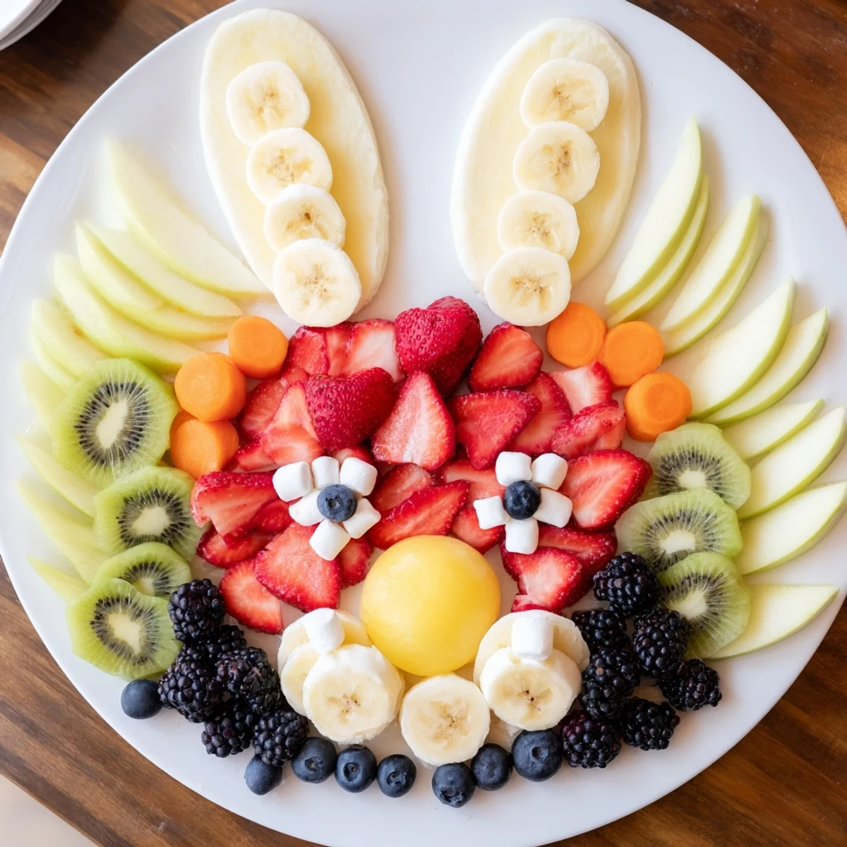 A playful Bunny Face Fruit Salad Platter features eye-catching arrangements of fresh fruit, great for kids.