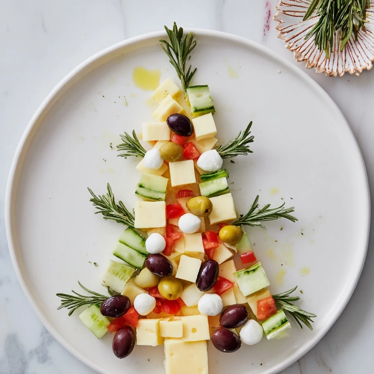 Delectable cheese & olives pine tree presentation with vibrant olives, cherry tomatoes, and cubed cheeses.