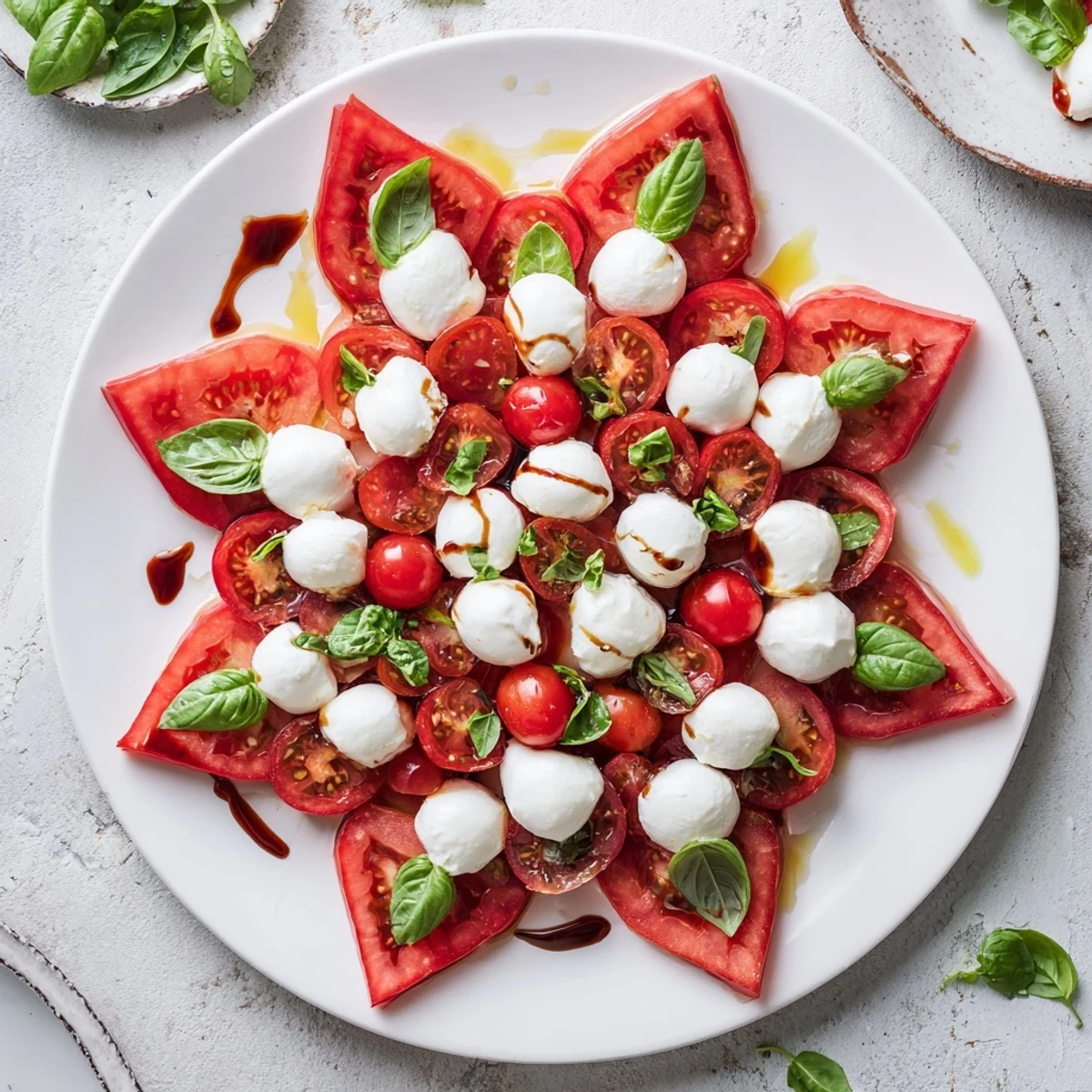 Bright, vibrant Starfish Caprese Salad, showcasing juicy tomatoes, creamy mozzarella, and fragrant basil.