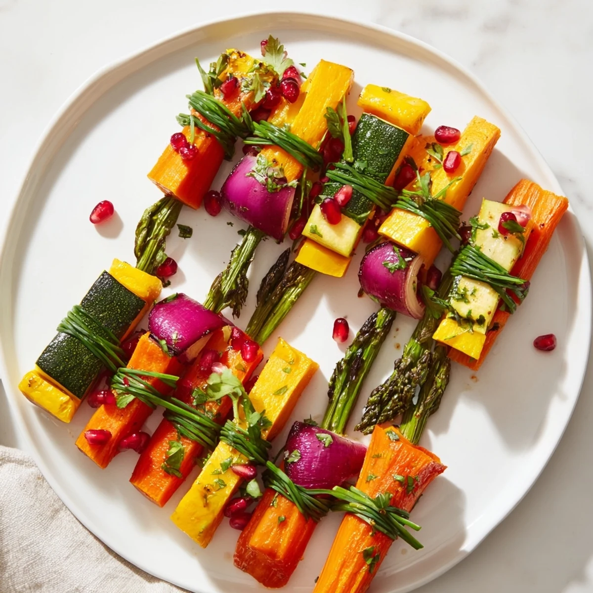 Imagine vibrant, roasted Christmas Present Veggie Crates, tied with chives and garnished with pomegranate seeds.