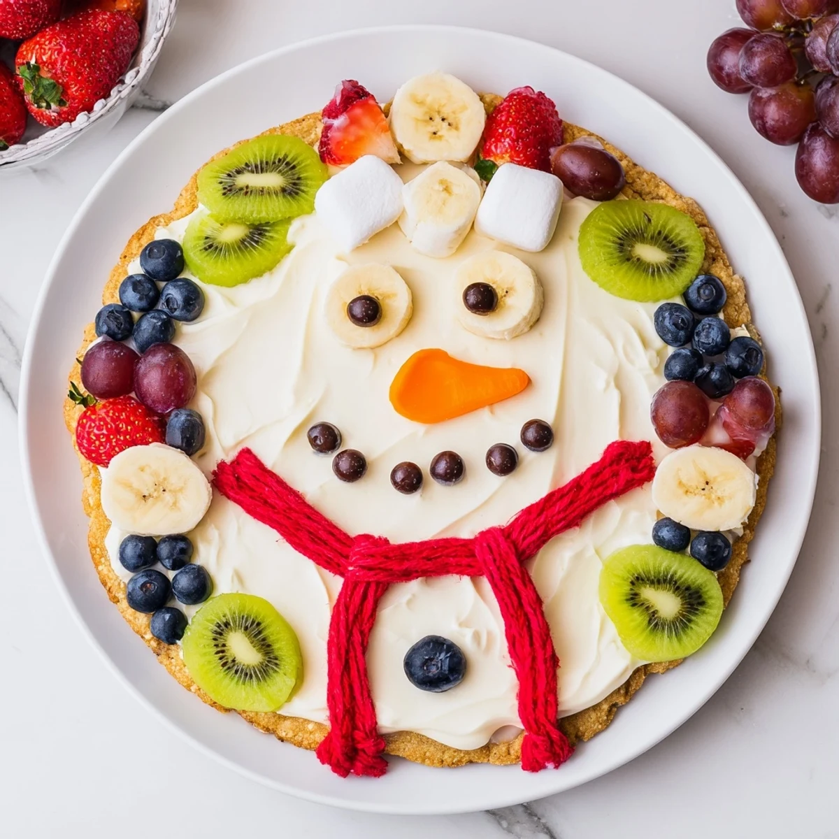Melting Snowman Fruit Pizza: A colorful dessert pizza with fresh fruit and frosting like melting snowmen.