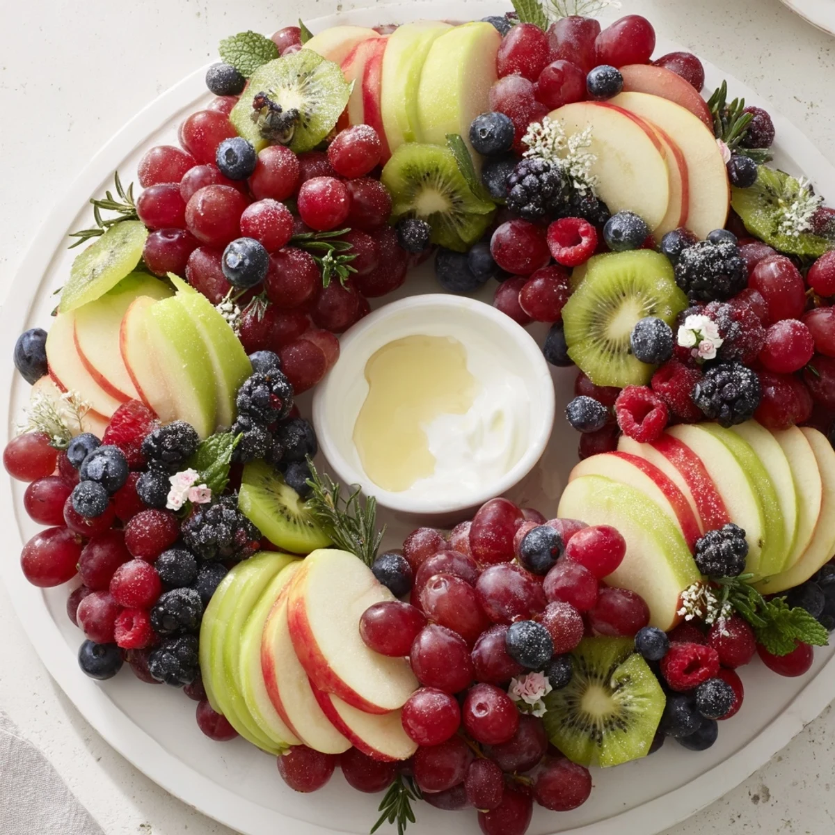 Beautifully arranged, this Winter Berry Wreath Fruit Board features a healthy appetizer with a dusting of powdered sugar.