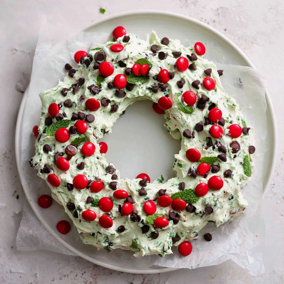 Festive Mint Chocolate Chip Dip Wreath, a creamy green dessert wreath topped with chocolate chips.