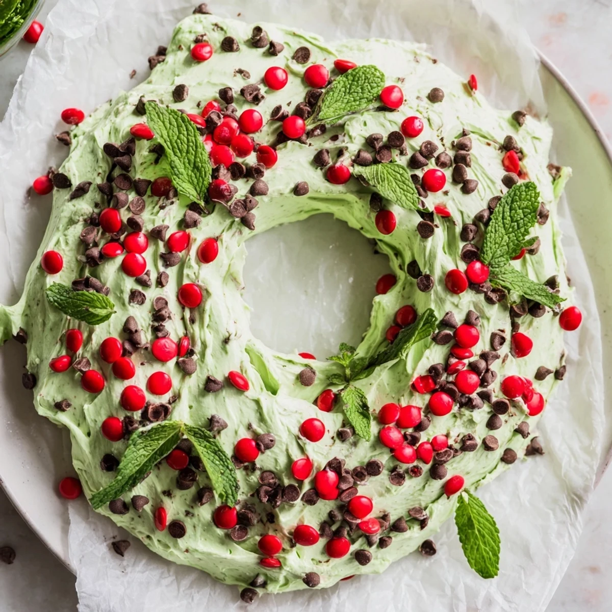 Vibrant Mint Chocolate Chip Dip Wreath—a holiday treat garnished with red candies and fresh mint leaves.