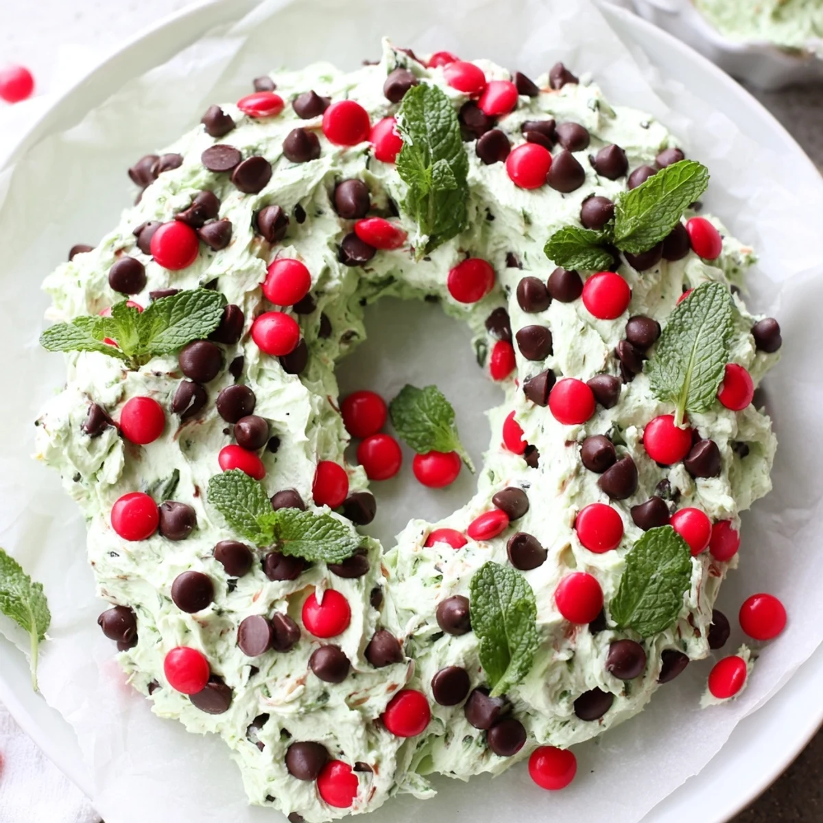 Homemade Mint Chocolate Chip Dip Wreath ring on a plate, ready to be served with cookies.