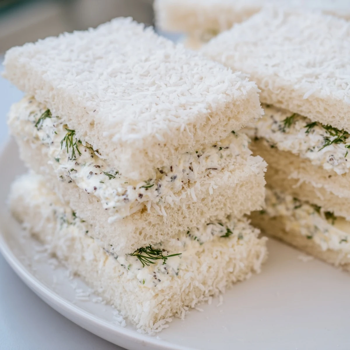Delicate Snowball Tea Sandwich Bites, coated in coconut, ready to be enjoyed with afternoon tea!