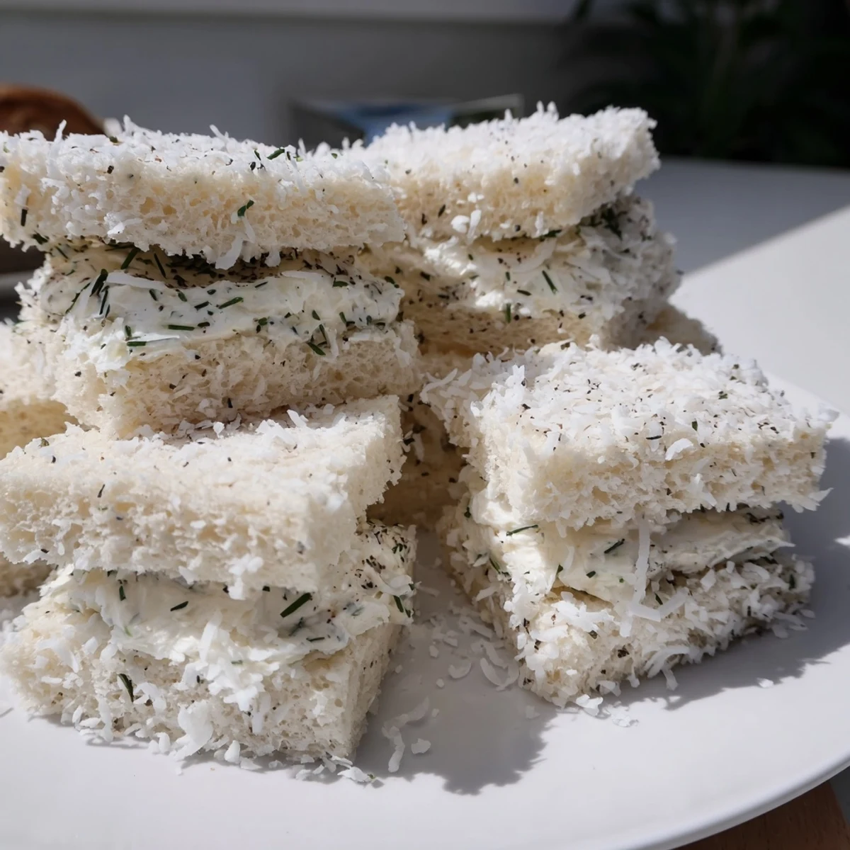 Freshly made bite-sized Snowball Tea Sandwiches with creamy filling and coconut exterior, delicious!