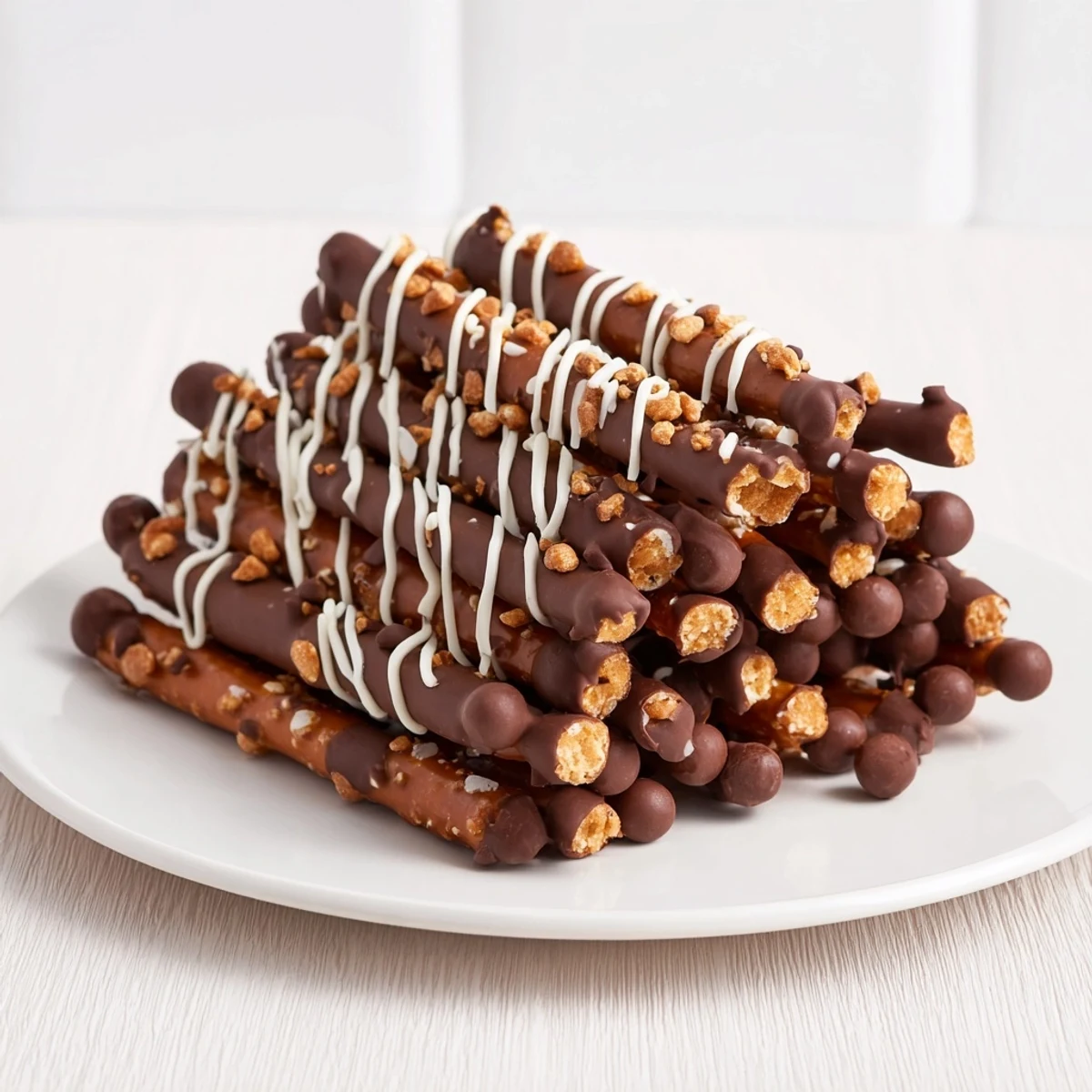 Sweet chocolate covered pretzel stick stack presents a delightful mix of crunchy pretzels and melted chocolate goodness.