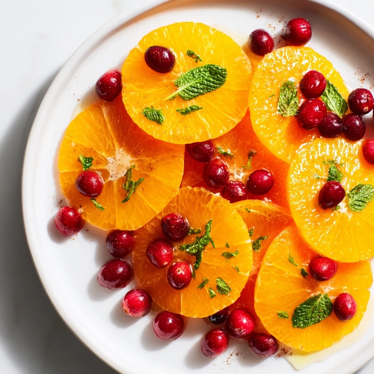 Vibrant photo: Winter fruit salad with orange slices, cranberries, and a honey-lime dressing.