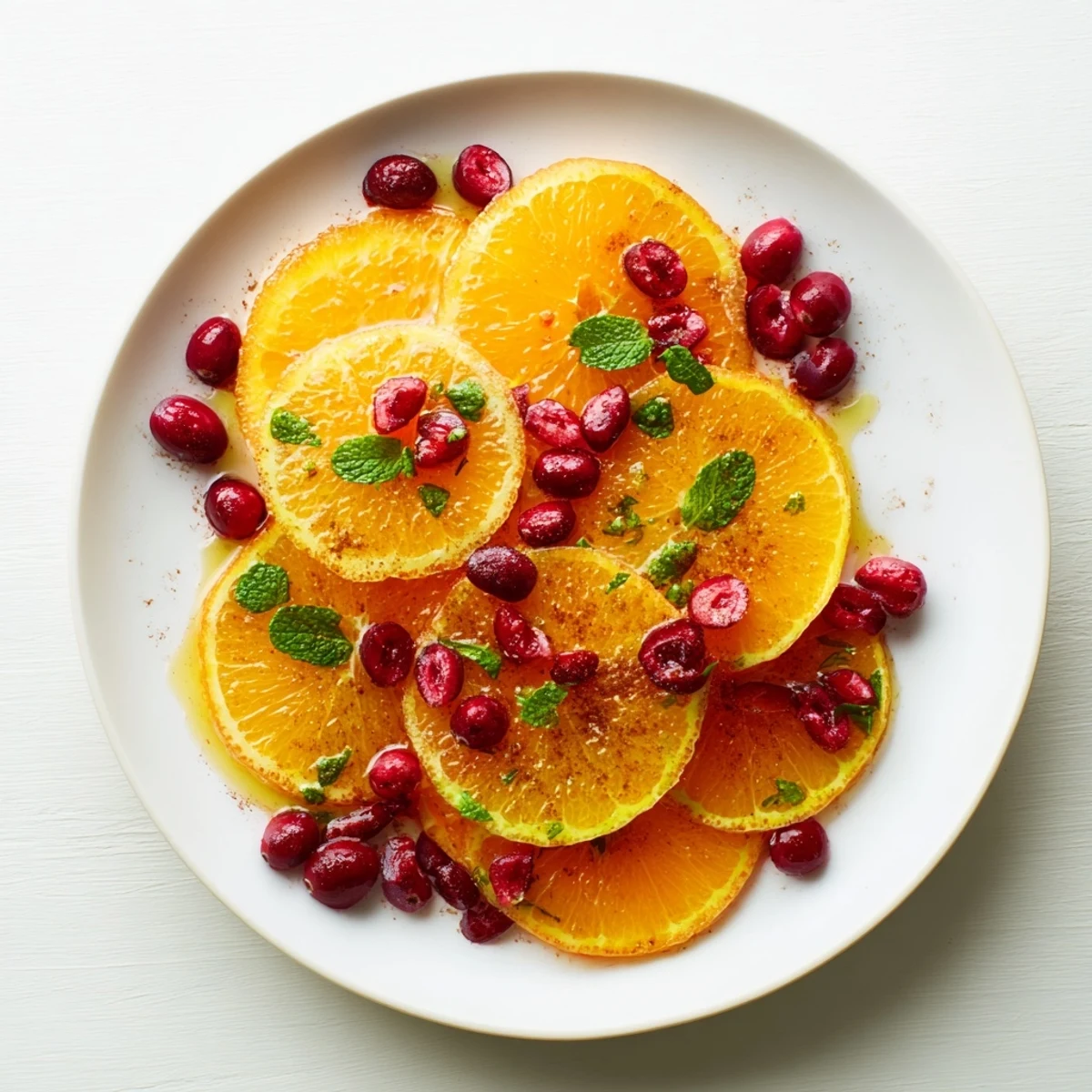 This colorful winter fruit salad features bright oranges, tart cranberries, and fresh mint.