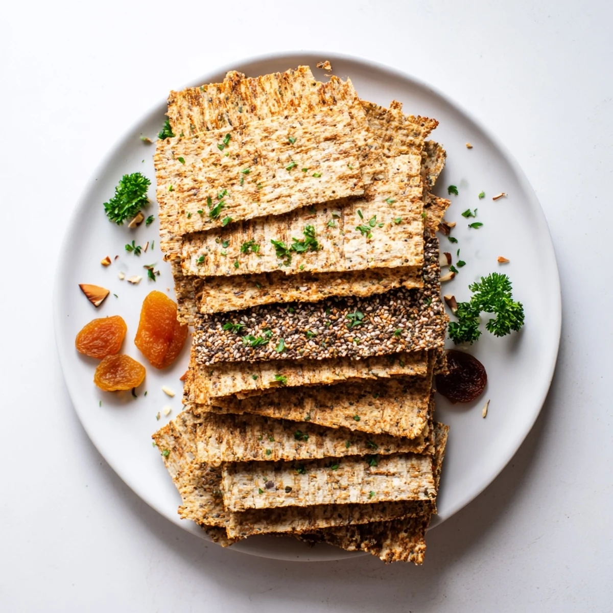 Crisp gourmet crackers, beautifully fanned out, invite you to enjoy this easy appetizer's textures.