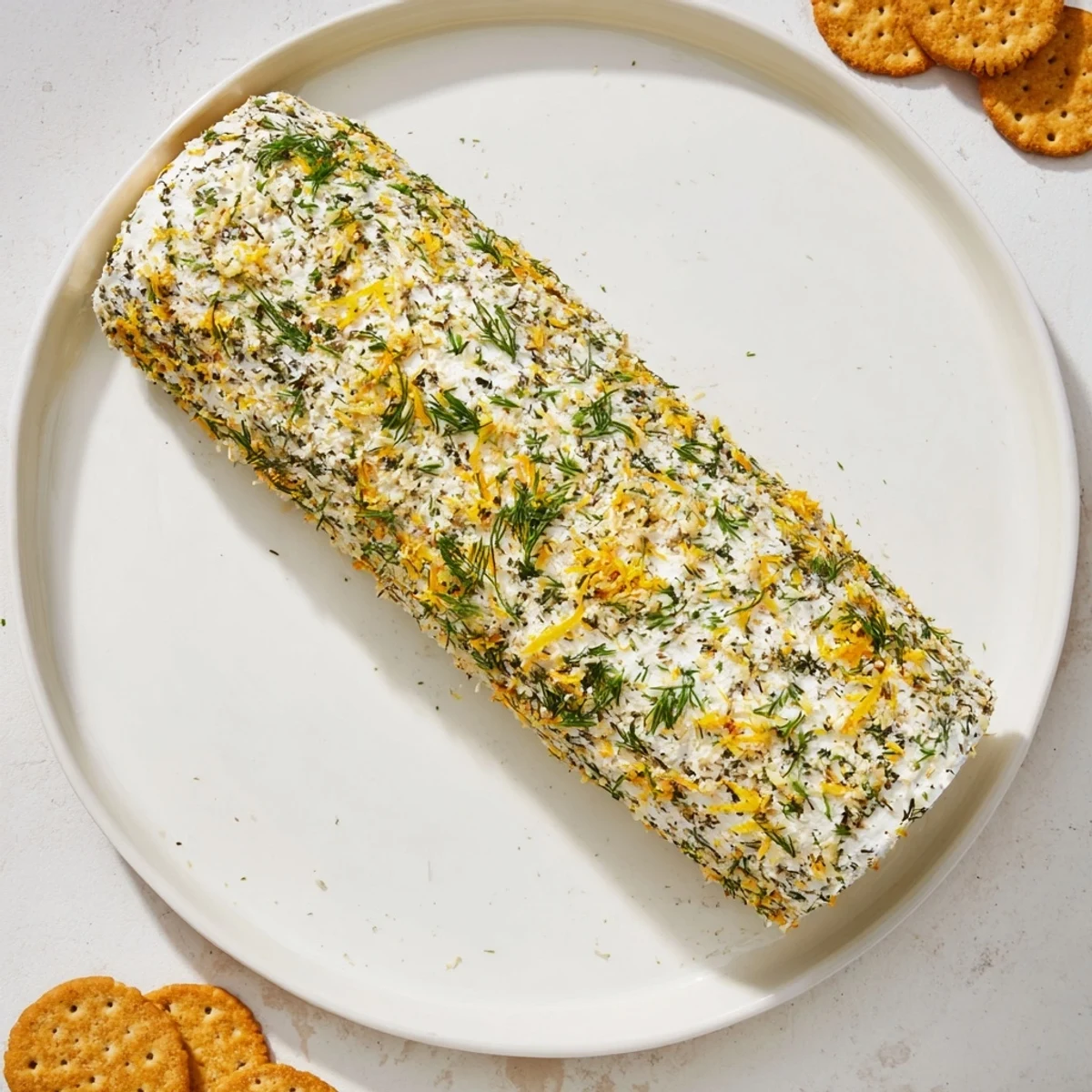 Herb-Coated Cheese Log with vibrant green herbs and a ring of crackers ready to serve.
