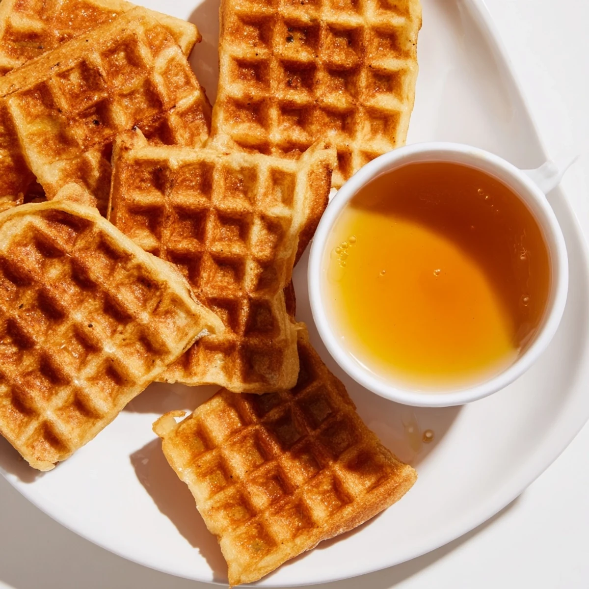Golden, crisp waffle quarters sit beside a bowl of warm maple syrup—a delightful breakfast.