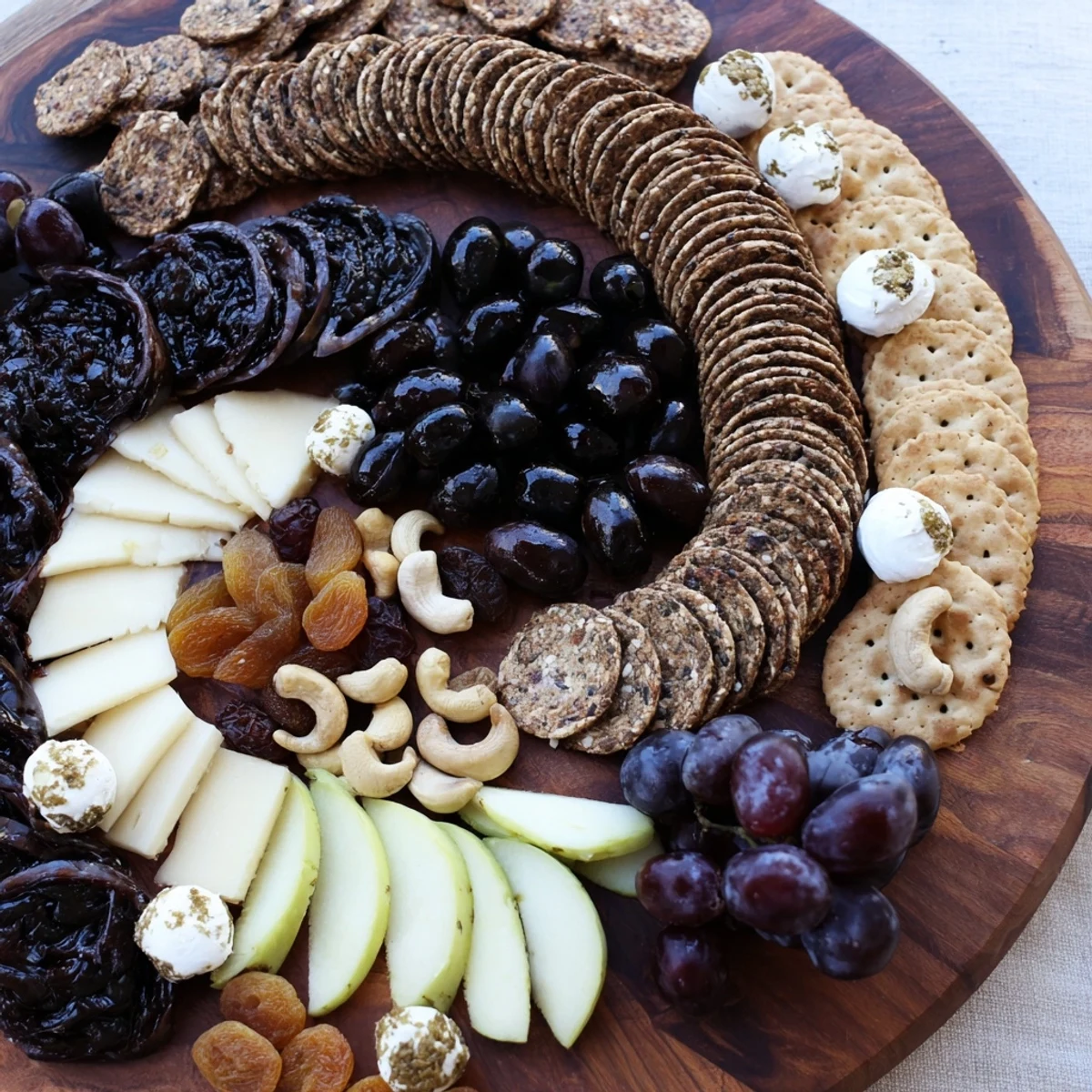 Beautiful Yin and Yang Balance Board: a visual feast of dark and light appetizer ingredients ready for sharing.