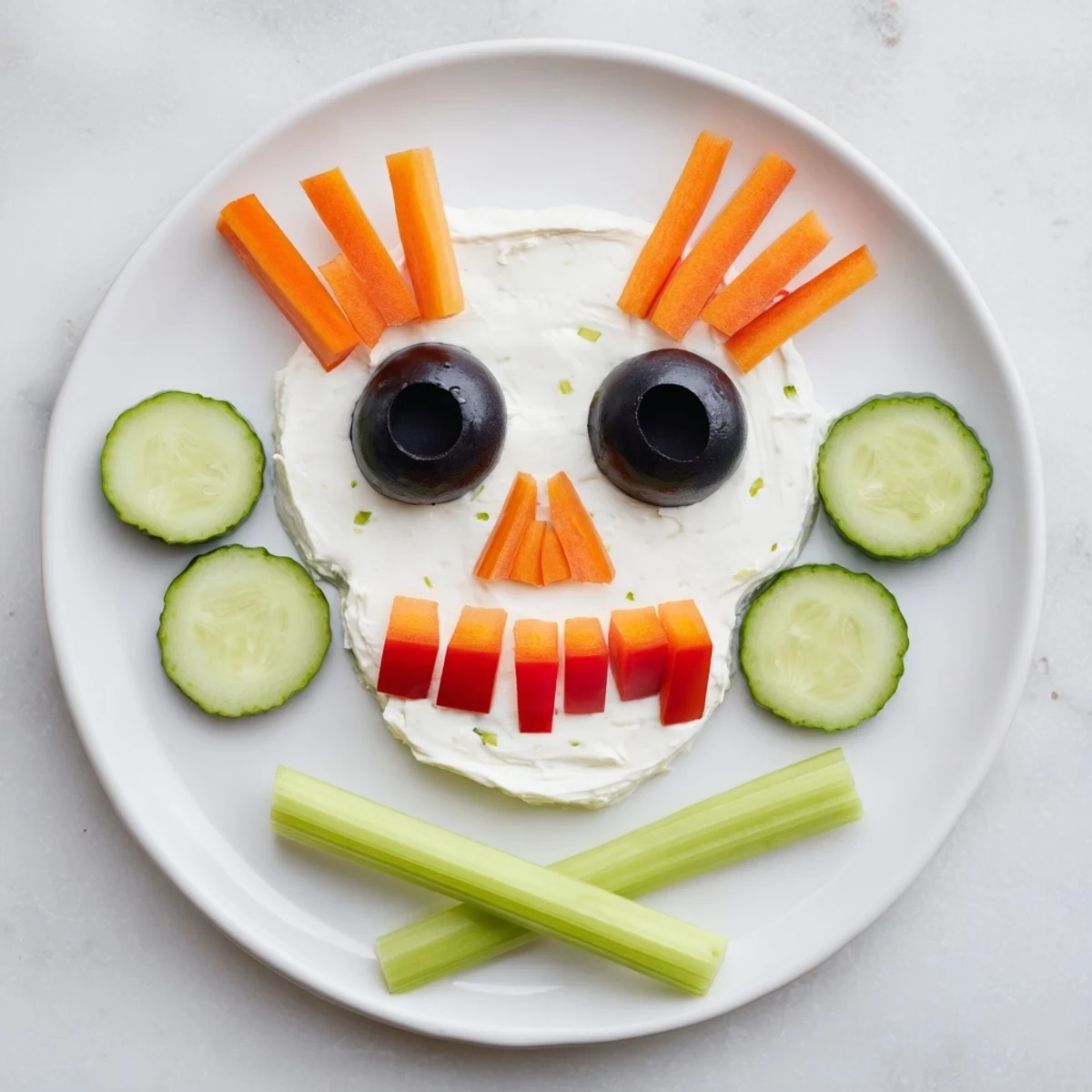 Visually stunning Skull & Bones Spooky Spread, creamy white with colorful vegetable features and crossbones.