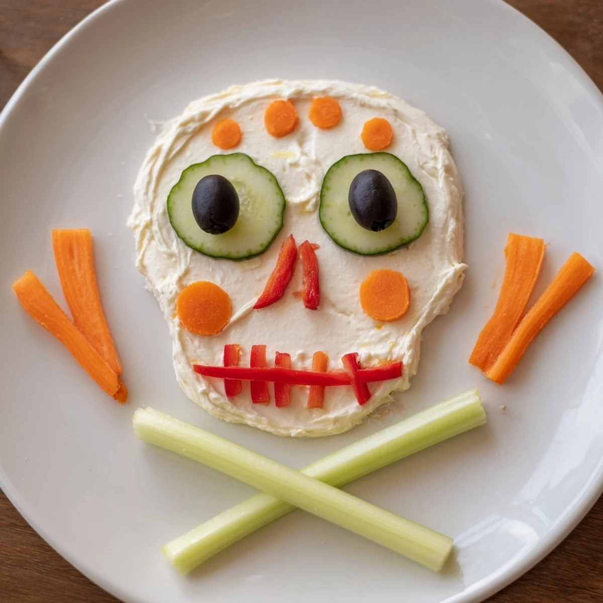 This Halloween, enjoy a festive Skull & Bones Spooky Spread appetizer with fresh veggie and cracker dippers.
