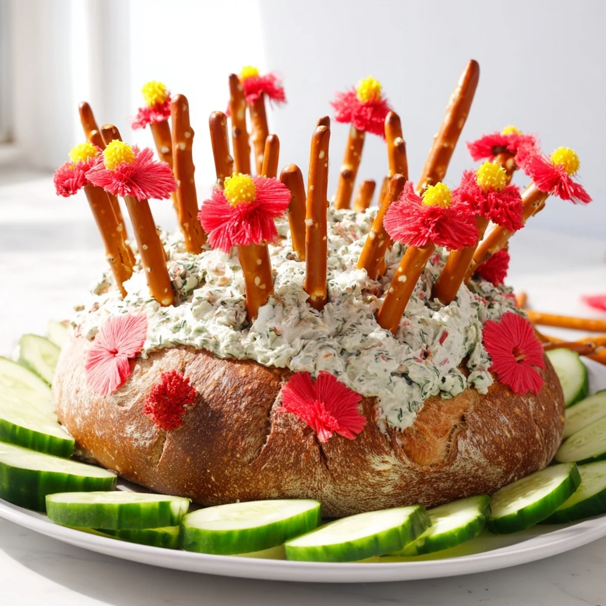 Savory and sweet Desert Cactus Bloom, an edible arrangement with cream cheese and cucumber pads ready to serve.