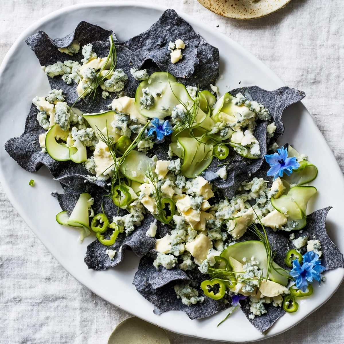 Vibrant "Deep Sea Ocean Wave" appetizer platter with blue cheese, olives, and fresh, green garnishes for serving guests.