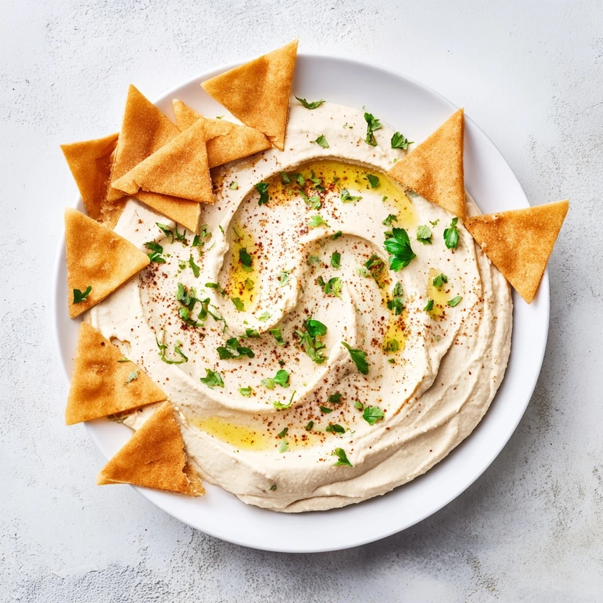 Creamy, sculpted Sahara Dune hummus appetizer served with crispy, dune-shaped pita chips.