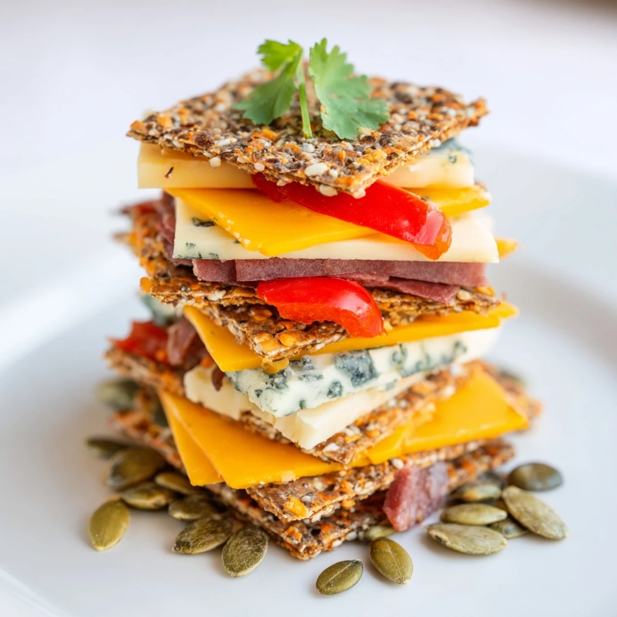 Enjoy a colorful Southwest Mesa, a vegetarian appetizer with cheese and cracker "mesa" towers.