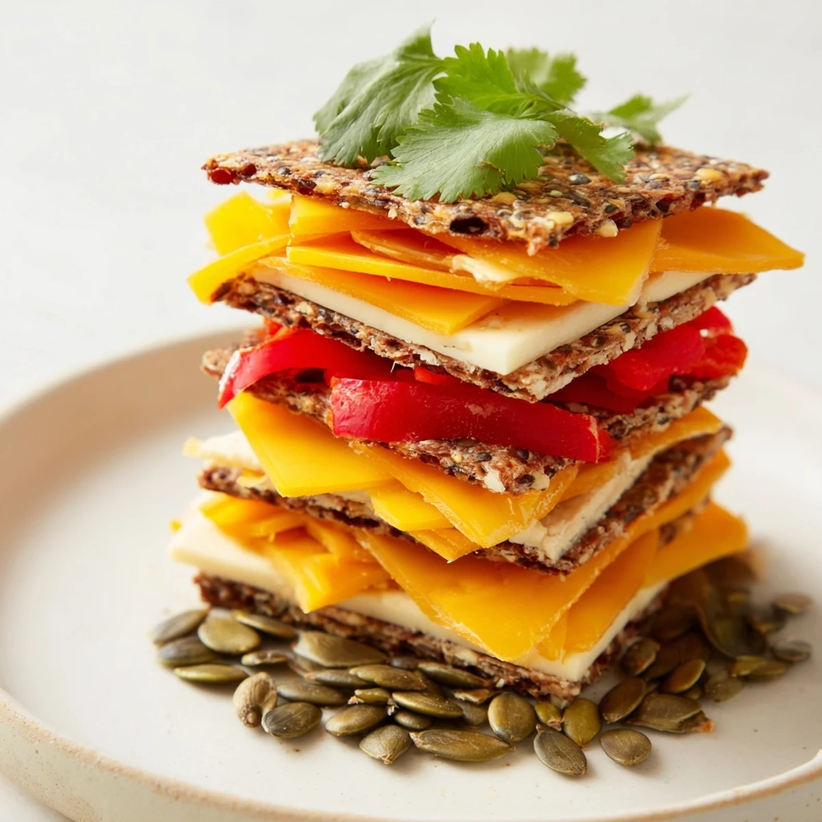 Crisp crackers hold layers of cheese in this simple Southwest Mesa appetizer, ready to serve.