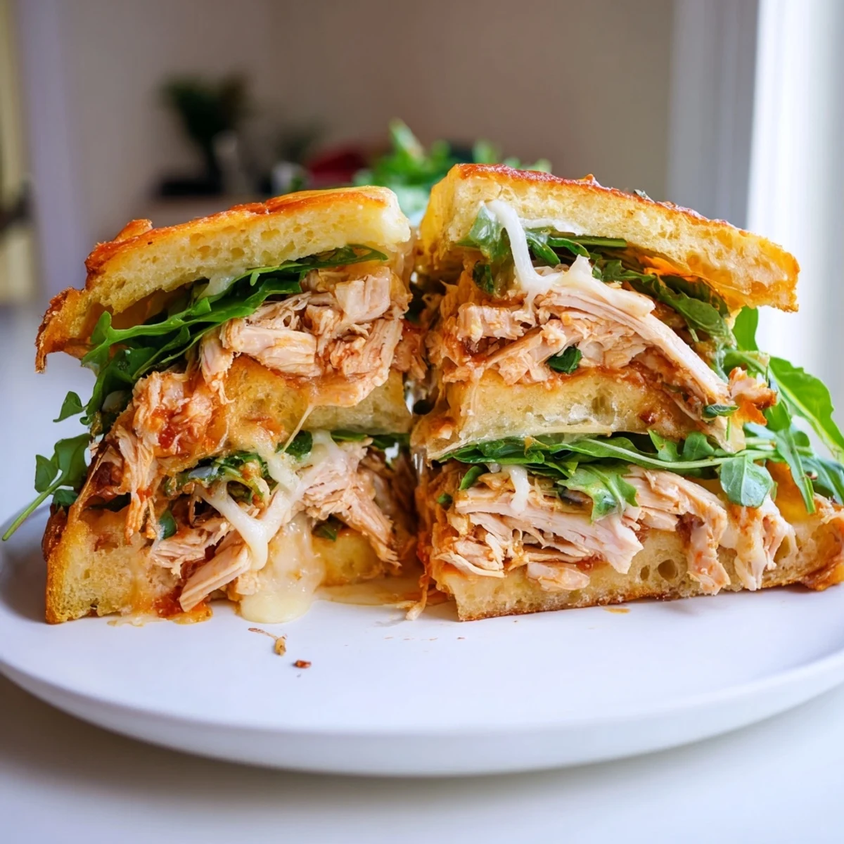Imagine a close-up of this delicious Leftover Pizza Chicken Sandwich, piled high with fresh arugula and cheese.