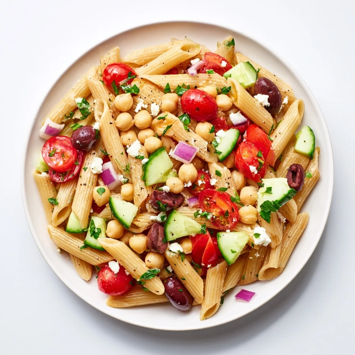 Mediterranean pasta salad with chickpeas, bursting with fresh veggies and tangy feta, ready to serve.