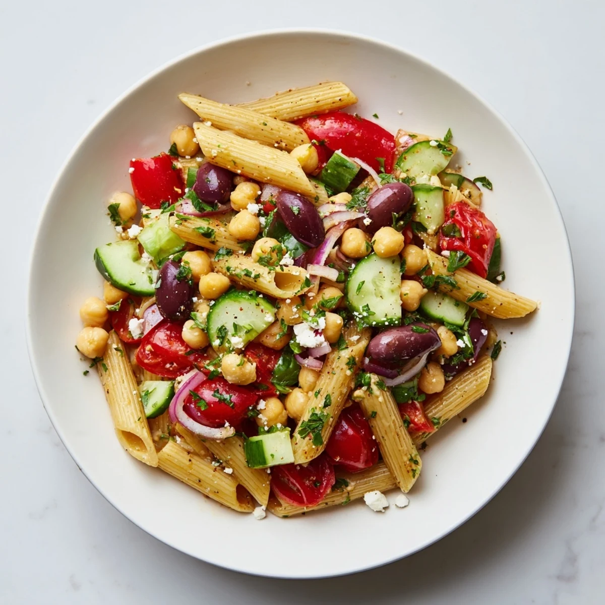 This Mediterranean pasta salad with chickpeas is a colorful mix of flavors, perfect for a light lunch.