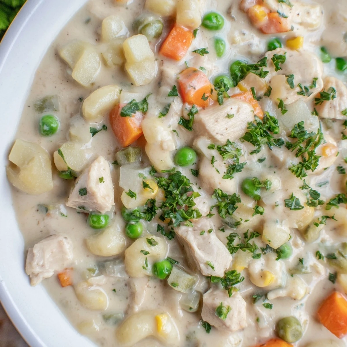 Chicken Pot Pie Pasta Soup: A creamy bowl filled with tender chicken, vegetables, and pasta.