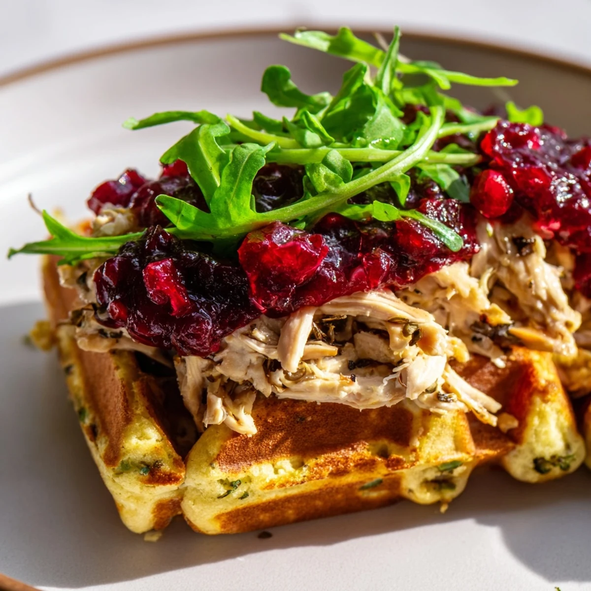 Savory stuffing waffle chicken sliders piled high, perfect for a Thanksgiving appetizer or game day.