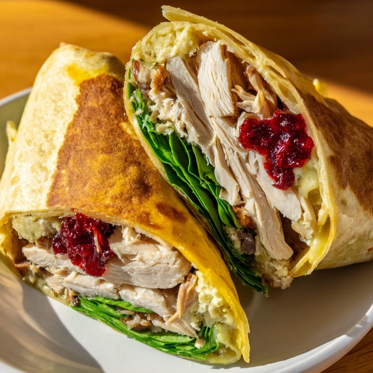 Moist Maker Chicken Wrap shows a toasted tortilla overflowing with savory chicken and stuffing.