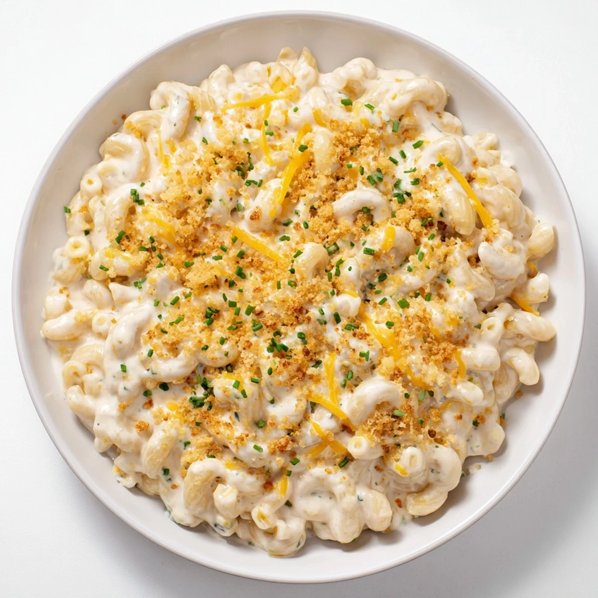 Steaming bowl of Cottage Cheese Mac and Cheese topped with fresh green chives, ready to serve.